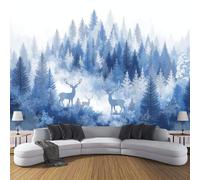 ZISTRCBAO Carta Da Parati Fotografica Cervo Nella Foresta Di Nebbia, Paesaggio Ad Acquerello Poster Giganti Da Parete, Blu Fotomurale Carta Parati per Decorazione Da Muro per Soggiorno 300x210cm