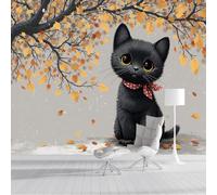 ZISTRCBAO Carta Da Parati Fotografica Simpatico Gatto Nero Sotto L'Albero Autunnale, Animale Dei Cartoni Animati Poster Giganti Da Parete, Nero Fotomurale Carta Parati per Camera Dei Bambini150x105cm