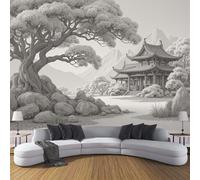 ZISTRCBAO Carta Da Parati Panoramica in Seta Padiglione Di Alberi E Rocce, Carta Da Parati Stile Cinese, Decorazione Da Muro Poster per Soggiorno Camera Da Letto Ristorante 150x105cm, Grigio