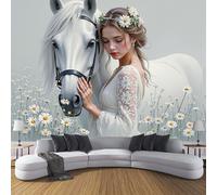 ZISTRCBAO Carta Da Parati Panoramica Una Donna Con Fiori Tra I Capelli Su Un Cavallo Bianco, Ritratto Carta Da Parati in Seta per Camera Da Letto Soggiorno Decor Da Parete 400x280cm, Bianco