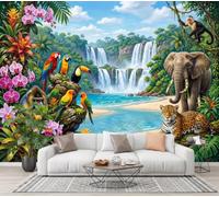 ZISTRCBAO Carta Da Parati Seta 400x280cm Cascate Nella Foresta Pluviale Pappagalli Elefanti | Carta Da Parati Animali Della Giungla Tropicale, Fotomurale per Camera Da Letto E Corridoio Decor