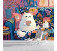 ZISTRCBAO Carta Da Parati Un Gatto Che Beve Caffè Sul Divano, Simpatici Animali Dei Cartoni Animati Carta Da Parati per Camera Dei Bambini Camera Da Letto 400x280cm