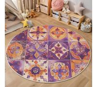 ZISTRCBAO Tappeto Salotto Floreale Viola Pelo Corto Rotondo, Boho Vintage Tappeto Antiscivolo Soggiorno 100cm, Ultra-Sottile Morbido Adatto per Camera Da Letto Sala Da Pranzo, Viola