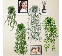 Zithgen 4 Pz Piante Sospese con Vasi, Plastica Piante Artificiali Edera Artificiali Verdi Perle Succulente Artificiali Piante da Appendere Piante Sospese con Vasi per Ufficio Soggiorno Scaffale