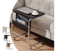 ZIUSFAC Tavolino Laterale Da Divano Comodino A Forma Di C Tavolino Da Divano Con Borsa Portaoggetti Vassoio Tavolo Porta PC Mobile Tavolini Struttura In Metallo(Black wood grain)