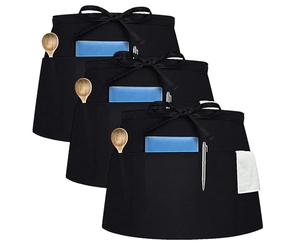 Ziyonix 3 Pezzi Grembiule Corto da Cucina con 3 Tasche Nero Grembiule da Cucina Impermeabile per Uomini Donne Regolabile Grembiuli da Cameriera per Bar, Caffè e Ristorante