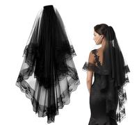 Ziyonix Velo da sposa, Pizzo nero Tulle Veli Da Sposa con Pettine, Leggero e comodo 60-80 cm Doppio Velo per cosplay da strega e addii al nubilato