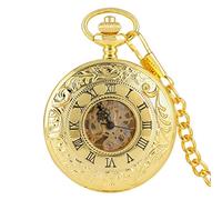 ZIYUYANG Orologio da tasca,Golden antique mechanical pocket watch, manual winding double opening side chain hour hand