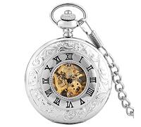 ZIYUYANG Orologio da tasca,Golden silver mechanical luxury hollow pocket watch with Roman numerals dial silver