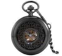 ZIYUYANG Orologio da tasca,Manual mechanical elegant black hollow engraving clamshell pocket watch art collection gift Black