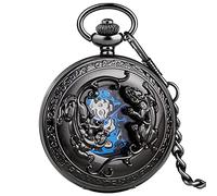 ZIYUYANG Orologio da tasca,Retro hollow carved engraving mechanical pocket watch hand winding flip clock chain clock Black