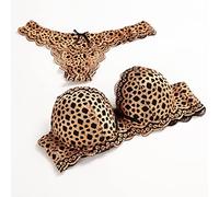 ZIYUYANG Underwear,Golden Hollow ABC Push-up Bra Panty Set Leopard Print Seductive Lace Thong Ladies
