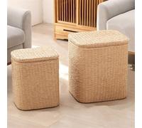 ZJHAHJY Pouf Contenitore Rotondo Pouf con Contenitore Quadrato Cesto portabiancheria Fatto a Mano Poggiapiedi Sgabello Intrecciato a Mano Poggiapiedi a Coda di Tifa con coperchi Quadrato ASL
