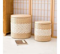 ZJHAHJY Pouf Contenitore Rotondo Pouf con Contenitore Quadrato Cesto portabiancheria Fatto a Mano Poggiapiedi Sgabello Intrecciato a Mano Poggiapiedi a Coda di Tifa con coperchi CSL Rotondo
