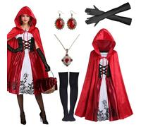 ZJKUBOIS Costume da Cappuccetto Rosso da Donna, Rosso e Bianco Vestito e Cappuccetto Rosso, Costume da Favola Costumi di Carnevale da Donna (L)