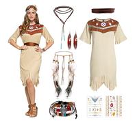 ZJKUBOIS Costume da indiano da donna, set da 7 pezzi, accessorio indiano con copricapo indiano, tatuaggi, fascia per capelli, abito da donna, costume da indiano, per adulti, nero per carnevale