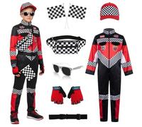 ZJKUBOIS Costume da pilota per bambini e ragazzi, costume da corsa, accessorio per costume da corsa, guanti, marsupio, occhiali da sole, mini bandiera a scacchi, formula 1 abbigliamento per bambini