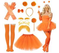 ZJKUBOIS Lorax Costume da donna, set da 9 pezzi, con barba di Lorax, copricapo arancione e fermaglio per capelli, tutu arancione, costume di Lorax per adulti per carnevale, Halloween, cosplay party