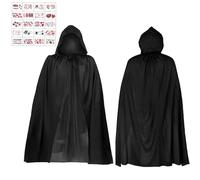 Zkaoai Mantello nero con cappuccio, mantello nero con cappuccio, mantello da strega di Halloween, costume di Halloween con adesivo per tatuaggi di Halloween, costume da strega per cosplay per adulti
