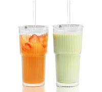 ZkateTrade 2 bicchieri in vetro scanalati da 600 ml con coperchio e cannuccia, bicchieri per frullati, design ermetico e impermeabile, ideali come caffè, succhi di frutta, tè