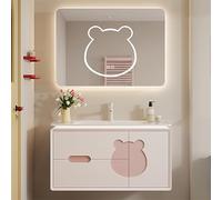 ZKBDBWTR Mobile Bagno con Lavabo - Mobile Bagno Sottolavabo in Legno Massello con 2 Vassetti, Grazioso Design a Forma di Orso | Include Funzione Antiappannamento e Luce LED
