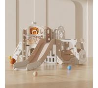 Zkiprm 5 in 1 Versatile Scivolo per bambini, Scivolo per interni per bambini, Scivolo extra lungo 200 cm, Cornici da basket, Gol da calcio, Mini Bus, Scale (Khaki), 1-XXHT-FR