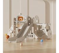 Zkiprm 5 in 1 Versatile Scivolo per bambini, Scivolo per interni per bambini, Scivolo extra lungo 200 cm, Cornici da pallacanestro da calcio, mini bus, scale (grigio), 1-XXHT-FR