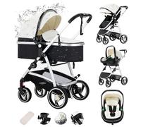 Zkiprm Pelle Passeggino 3 in 1, Sistema di Viaggio 3 in 1 Con Seggiolino Auto, Con Rivestimento Antipioggia, Zanzariera, Telaio Alluminio, Carrozzina da città pieghevole con una sola mano per bambini