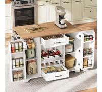 ZKLOEP Carrello da cucina 120 x 45/70 x 92 cm, con piano di lavoro pieghevole, isola da cucina su ruote con portabottiglie, porta spezie e porta asciugamani, colore bianco, carrello da portata