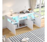 ZKLOEP Credenza per soggiorno, 140 x 40,5 x 66,5 cm, con 3 ante, lucido, con striscia luminosa a LED, alloggiamento in acrilico trasparente, armadio con 7 scomparti, larghezza 140 cm, bianco