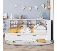 ZKLOEP Divano letto 140 x 200, letto estraibile 90 x 190 cm, con presa USB e più ripiani, letto in legno massiccio, letto matrimoniale, letto multifunzione in legno, bianco