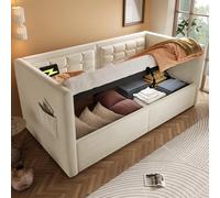 ZKLOEP Divano letto imbottito 90 x 200 cm, divano letto singolo con spazio idraulico e stazione di ricarica USB e tipo C, letto per gli ospiti con rete in legno, beige, velluto, senza materasso.