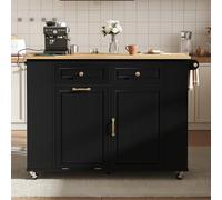 ZKLOEP Isola da cucina nera con ruote, tavolo da pranzo allungabile, scomparto per rifiuti e porta asciugamani, carrello da portata mobile con ciabatte, ideale per cucina e sala da pranzo