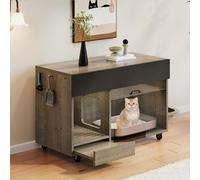 ZKLOEP Lettiera mobile per gatti senza lettiera - con piatti per mangime, vassoio raccogli sabbia e piastra forata con fori per ganci, colore grigio anticato/marrone quercia, 100 x 45,5 x 67 cm