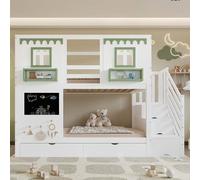 ZKLOEP Lettino a castello, culla con piccola area forata, 5 ganci in legno in dotazione, due cassetti, con armadietto per scale, pino + MDF + compensato, bianco e verde, 90 x 200 cm