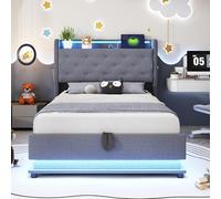 ZKLOEP Lettino imbottito per bambini, 90 x 200 cm, con luci che cambiano colore e presa USB, testiera apribile, con spazio idraulico, con tasca per cellulare, letto singolo multifunzionale, tessuto di