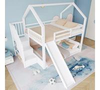 ZKLOEP Letto a castello 140 x 200 cm, con scala e scivolo, letto (senza materasso), lettino con ringhiere, adatto per bambini, ragazzi, bianco