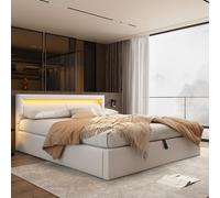 ZKLOEP Letto a LED imbottito, 140 x 190 cm, con rete a doghe e vano portaoggetti, con testiera illuminata, colore: bianco, testiera e similpelle