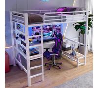 ZKLOEP Letto a soppalco con telaio in ferro, 90 x 200 cm, scrivania, ringhiera, scaletta, più ripiani, con presa USB + TypeC, con striscia LED, con bordo forato, senza materasso, bianco