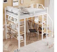 ZKLOEP Letto a soppalco in ferro, 140 x 200 cm, scaffale a tre strati, scrivania, armadio, gradini di sicurezza con vano portaoggetti, design a recinzione, letto singolo, bianco