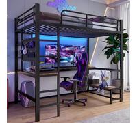 ZKLOEP Letto a soppalco in ferro, 90 x 200 cm, scrivania, ringhiere, scaletta, più ripiani, con presa USB + Type-C, con striscia LED, con bordo forato, senza materasso, nero