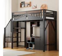 ZKLOEP Letto a soppalco in metallo, 90 x 200 cm, bordo di sicurezza unico con finestra, con scala di sicurezza, abbastanza spazio sotto il letto per un rivestimento in tessuto libero, colore nero