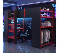 ZKLOEP Letto a soppalco multifunzionale, 90 x 200 cm, con scrivania, supporto per computer, scaffale a più piani, appendiabiti semplice, con scala sicura, nero e rosso