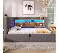 ZKLOEP Letto imbottito 140 x 190 cm, con illuminazione a LED, spazio idraulico, testiera a forma di L con vano portaoggetti, montato su entrambi i lati, rete a doghe, tessuto di lino, grigio (senza