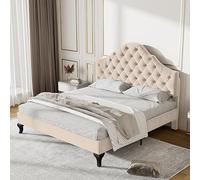 ZKLOEP Letto imbottito 140 x 190 cm, con rete a doghe e testiera, letto imbottito con testiera regolabile in altezza, per adulti e ragazzi, rete in legno, facile da montare, velluto, beige