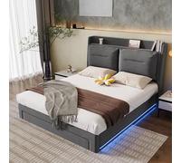 ZKLOEP Letto imbottito 140 x 190 cm, grigio velluto, con illuminazione a LED, spazio idraulico e tiroir 2 in 1, senza materasso