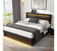 ZKLOEP Letto imbottito 140 x 190 cm, in poliuretano nero, con stazione di ricarica USB e illuminazione a LED