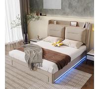 ZKLOEP Letto imbottito 140 x 190 cm, in velluto beige, con illuminazione a LED, spazio idraulico e tiroir 2 in 1, senza materasso