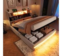 ZKLOEP Letto imbottito, 140 x 200 cm, con presa USB C, funzione di ricarica, barra luminosa telecomandata sotto il letto, testiera con vano portaoggetti, letto idraulico, senza materasso, con luce LED