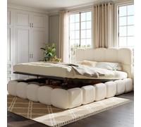 ZKLOEP Letto imbottito, 160 x 200 cm, letto funzionale idraulico, con rete a doghe e grande capienza, testiera imbottita, bianco bouclé